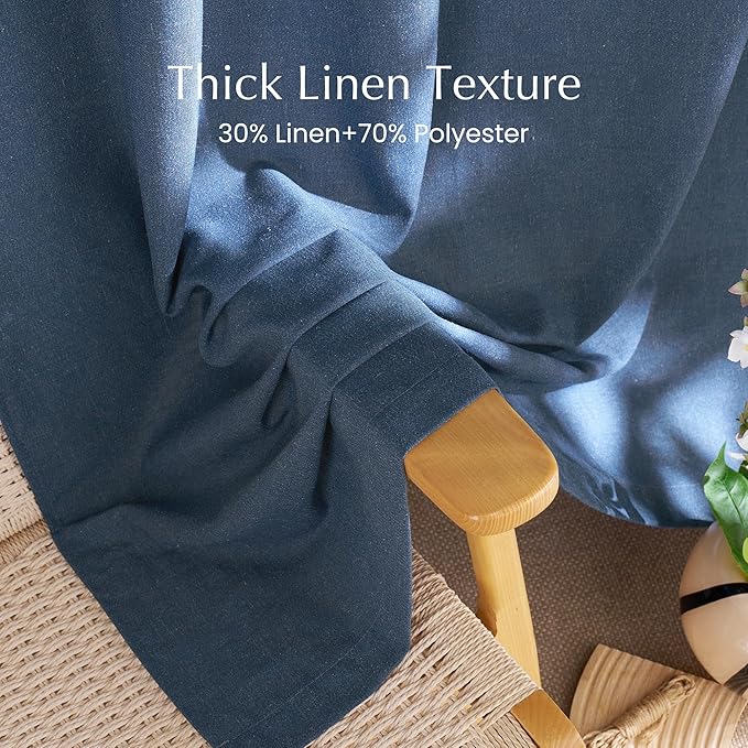 NICETOWN Thick Linen Semi Sheer Navy Blue Curtains for Bedroom, Pleat Tape Semi Sheer Privacy Added with Light Filtering Window Treatments for Farmhouse/Bedroom, W52 x L84, 2 Panels