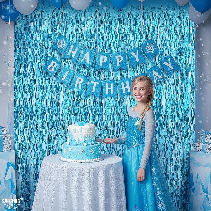 KatchOn, XtraLarge, Wavy Blue Foil Fringe Curtain - Pack of 2 | Foil Fringe Backdrop for Blue Christmas Decorations | Wavy Streamers for Winter Decorations, Birthday, Under The Sea Party Decoration