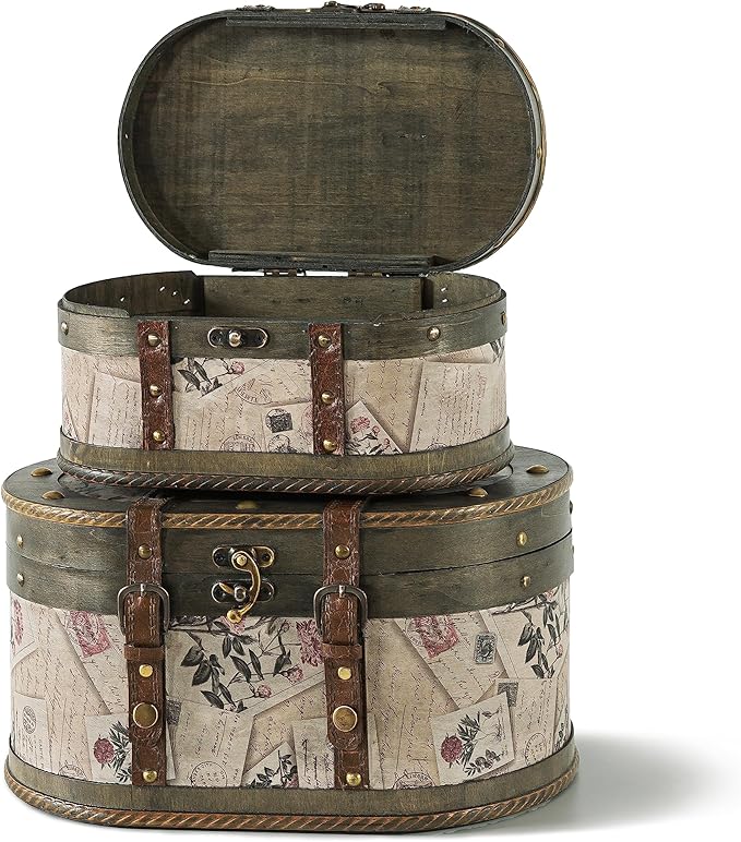 SLPR Alyssa Vintage Train Case - Set of 2, Antique Wooden Storage Boxes with Hinged Lids, Old Fashioned Decorative Wood Trunk, Memory Chest for Keepsakes and Home Décor