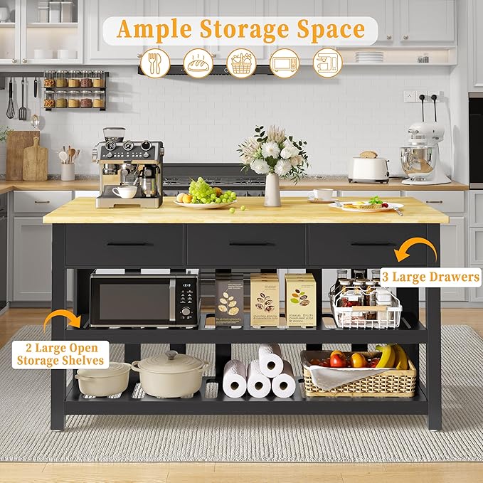 60" Solid Rubberwood Kitchen Island with Power Outlets - Extra Large Work Surface, 3 Drawers & 2 Open Shelves Storage Cabinet for Kitchen Dining Room, Farmhouse Style (Black)