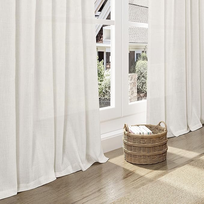 Extra Wide 100 Inch Linen Curtains for Living Room Divider Light Filtering Semi Sheer Back Tab Patio Curtains for Sliding Door Natural Coastal Decor Sunroom Floor to Ceiling Window Curtain 100x84