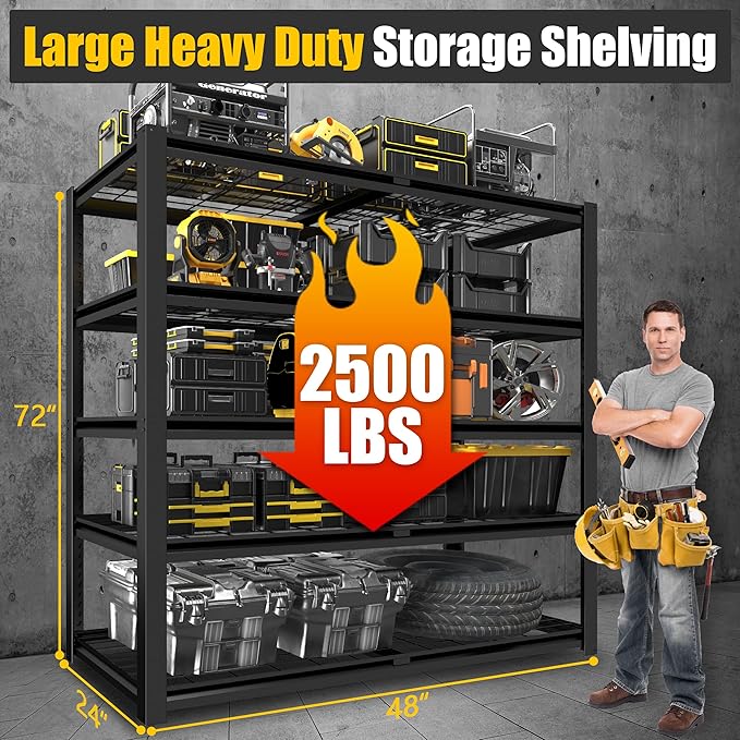 PrimeZone 72" H Heavy Duty Garage Shelving 2500 LBS 5 Tier Heavy Duty Storage Shelves Adjustable Industrial Metal Wire Shelf Unit for Garage,Basement,Pantry,Warehouse,Commercial,48" W X 24" D X 72" H