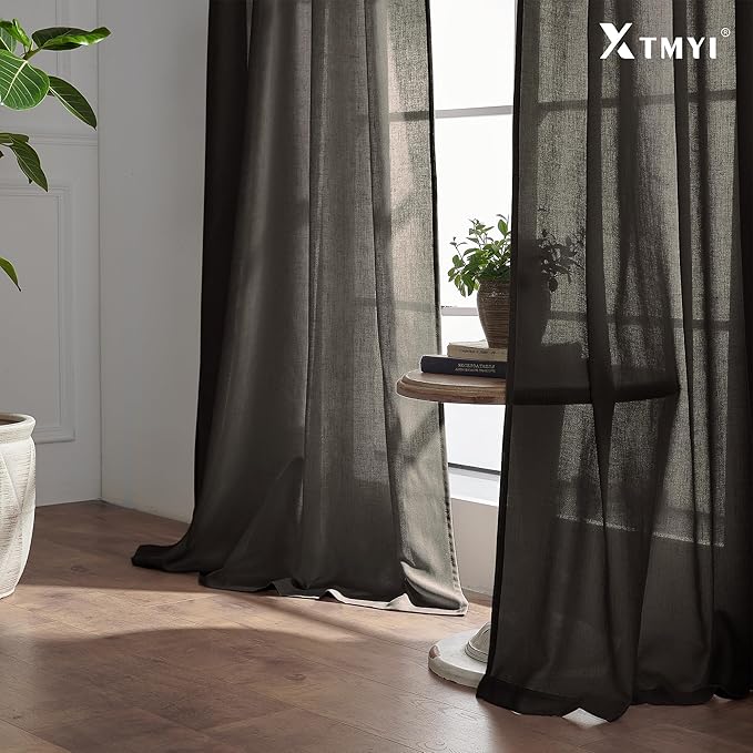 XTMYI Brown Curtains 84 Inch Length 2 Panels Set for Living Room,Linen Semi Sheer Light Filtering Rustic Farmhouse Curtains Drapes 84 Inches Long