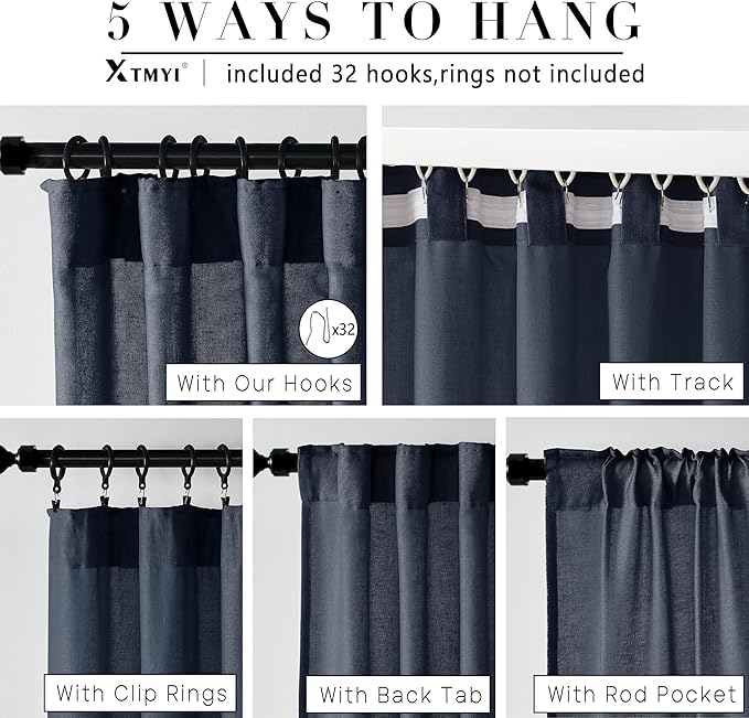 XTMYI Navy Blue Curtains 96 Inches Long,Linen Semi Sheer Gaming Gamer Curtains for Boys Room Men Bedroom Man Cave Office,96in Length 2 Panels Set,Dark Ocean