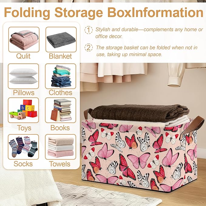 Pink Butterfly Storage Bins with Handles, Collapsible Storage for Clothes, Gift Basket, Blankets & Closet Organization