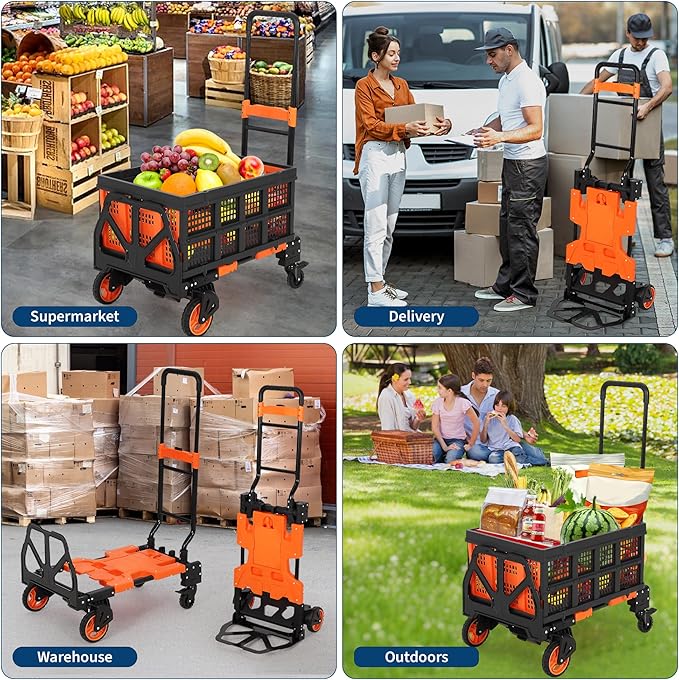 Garvee Folding Hand Truck, 330 LB Heavy Duty Dolly Cart with Foldable Basket, Portable Folding Hand Cart with Bungee Rope, Rubber Wheels and Retractable Handle for Luggage, Moving, Office, Orange