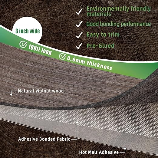 Walnut Edge Banding, 3 inch x 100ft roll of Veneer Edge Banding, Pre-glued Flexible Real Wood Tape for Cabinet Repair & Furniture Restoration