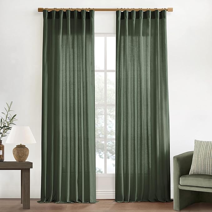 XTMYI Olive Green Linen Curtains, Light Filtering Sheer Window Treatments, Boho Floor to Ceiling Curtains for Bedroom Aesthetic Living Room, 84 Inches Long, 2 Panels Set
