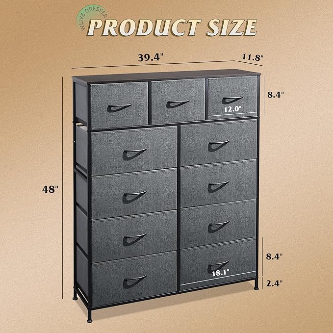 WLIVE Storage Organizer Unit with 11 Fabric Bins, Storage Drawers Organizer with Steel Frame, Tall Storage Tower Organizaton for Living Room, Hallway, Office, Light Grey