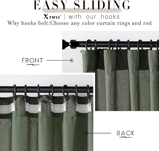 XTMYI 70 Inch Wide Loden Back Tab/Hook Belt Linen Cotton Sheer Curtains for Bedroom,2 Panels,96 Inch Length