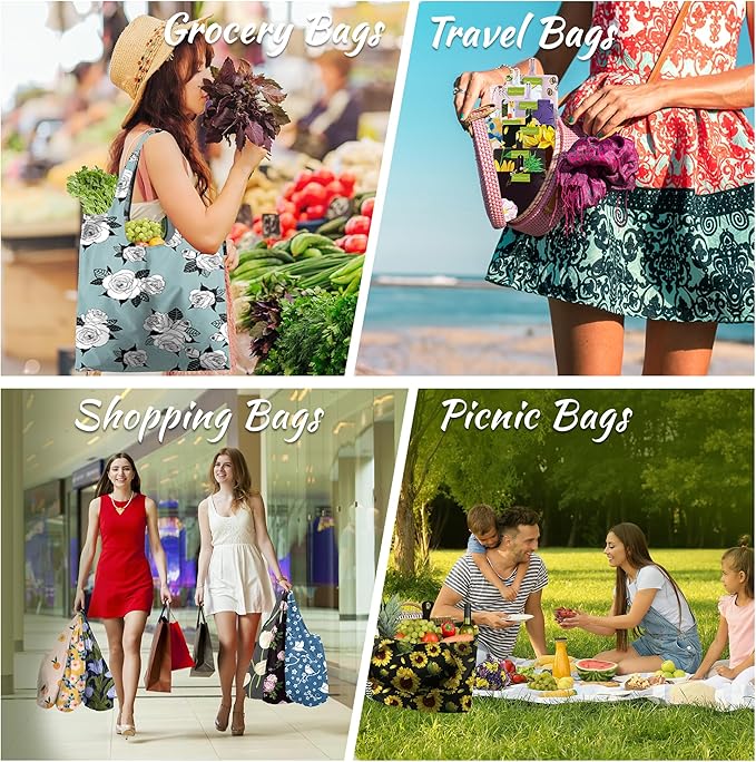 BeeGreen Flower Reusable Shopping Bags Cute Grocery Bag 6 Pack, Christmas Gift Bags Heavy-Duty Foldable Shopping Totes for Supermarket, Work & Travel, Large Washable Polyester Tote Bag with Handles