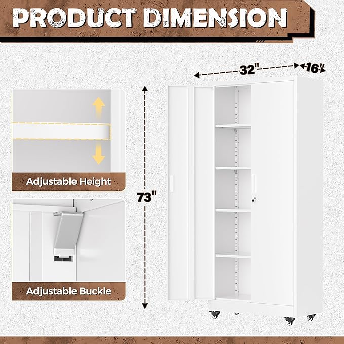 INTERGREAT Metal Storage Cabinet with Wheels, 73" Garage Storage Cabinet with Door and 4 Shelves, Tool Cabinet on Caster for Home, Office, White