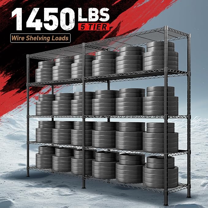 REIBII 1450LBS Shelves 5 Tier Metal Shelving Unit Storage Wire Shelving 58.1''W Pantry Shelves Wire Shelf Adjustable Garage Shelving Heavy Duty Storage Rack for Pantry Kitchen Garage, Black