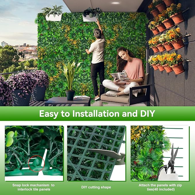 Grass Wall Panels, 20"x20" 8pcs Artificial Grass Backdrop Wall with Tropical Leaves, UV-Anti Faux Greenery Plant Boxwood Panels for Privacy Fence Screen, Green Wall Decor for Outdoor Indoor