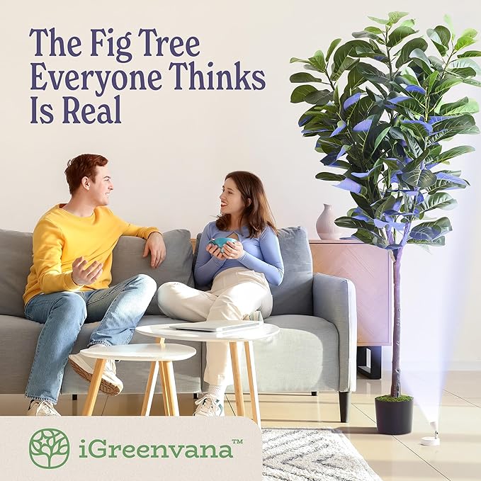 Artificial Fiddle Leaf Fig Tree | 6ft Realistic Fake Tall Plant | Odor-Free Floor Plant Fig Tree w/Black Pot, Faux Moss, Rechargeable LED Spotlight, Remote, USB Cable; Large Fake Plants/Big Plants
