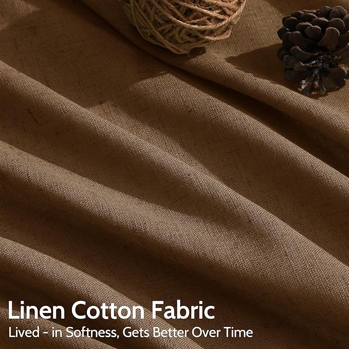 Nanspring Tobacco Brown Linen Curtains 63 Inches Long 2 Panels for Living Room Back Tab Pocket Light Filtering Translucent Modern Farmhouse Cotton Linen Curtain Texture 52X63 Inches