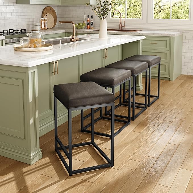 MAISON ARTS Counter Height 24" Bar Stools Set of 4 for Kitchen Counter Backless Modern Barstools Industrial Upholstered Faux Leather Stools Farmhouse Island Chairs, (24 Inch, Grey)