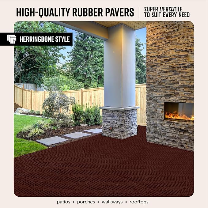 Playsafer Herringbone Rubber Interlocking Tiles | 16 X 16 | Easy Install for Indoor and Outdoor Use (Red, 4 Tiles)