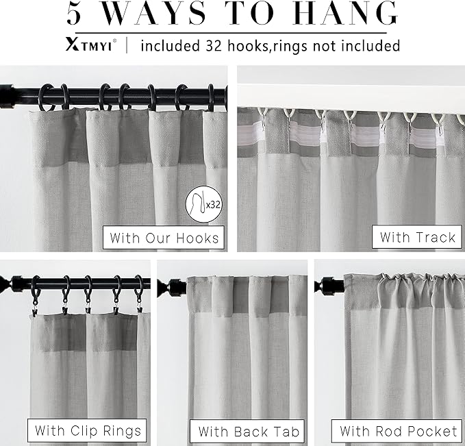 XTMYI Gray Curtains 96 Inches Long,Sheer Linen Back Tab Hooks Pleat Light Weight Modern Stylish Curtains for Living Room 96 Inch Length 2 Panel Set,Grey