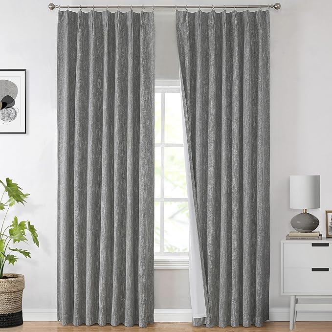Vision Home Charcoal Grey Pinch Pleated Full Blackout Curtains Room Darkening Window Curtains for Living Room Bedroom Thermal Insulated Pinch Pleated Drapes with Hooks Back Tab 2 Panel 40" Wx102 L