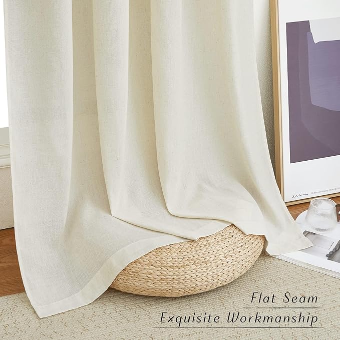 NICETOWN Thick Boho Curtains Linen Drapes for Living Room, Rustic Rod Pocket Semi Sheer Panels Privacy Assured Semi Sheer Linen Blend for Living Room/Bedroom, Off White, W55 x L95, 2 Panels