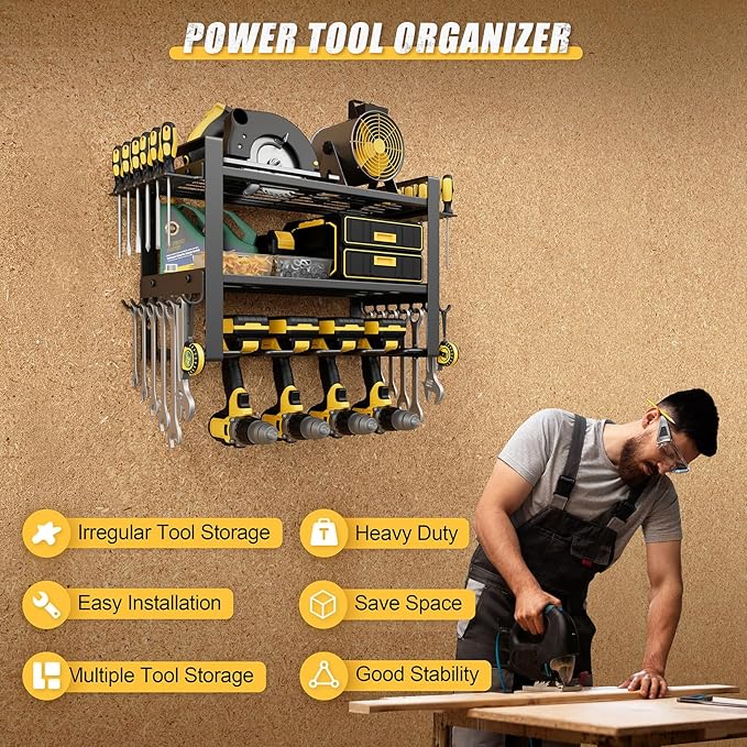 Power Tool Organizer Wall Mount, 3-Tier Tool Storage Rack with 4 Drill Holders, 150LBS Load Heavy Duty Cordless Tool Shelf for Garage Organization, Gift for Men