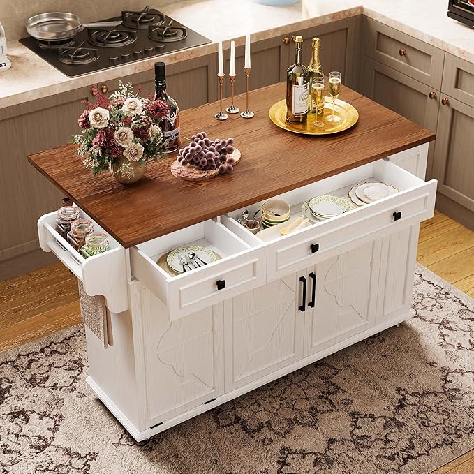 IRONCK Kitchen Island with Storage, Rolling Island Table on Wheels with Drop Leaf, Charging Station and Trash Can Storage, Portable Islands Table with Open Spice Rack and Drawer for Living Room, White