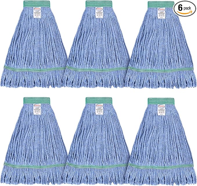 Onesimus 24 oz Mop Head Replacement, Industrial Mops for Floor Cleaning Heavy Duty 4-Ply Cotton Blend Looped End Wet Mop Refills 1.25 in Universal Headband Fit Most Handles, 6 Pack X-Large Blue