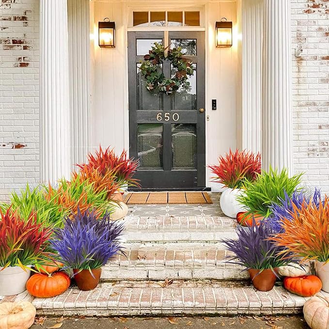 Outdoor Artificial Plants 8 Bundles Fake Plants Grass UV Resistant Fake Flowers Bush Greenery,17Inch Tall Faux Grass Shrubs for Home Porch Pathway Garden Décor Outside Indoor (Orange)