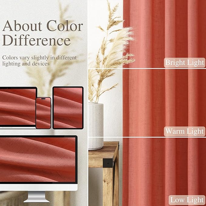 Coral Semi Sheer Linen Blend Curtains 120 Inches Long 2 Panels Set Back Tab Loop Pocket Light Filtering Boho Large Window Decor Extra Long Drapes for High Ceiling Living Room 52x120
