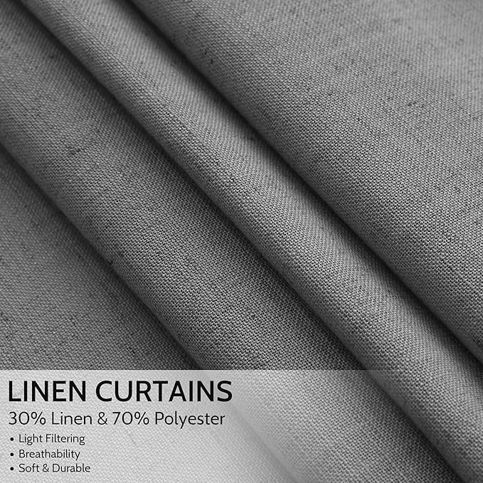 Nanspring Blazer Grey Curtain SheerLinen Blend Light Filtering Back Tab Curtains 102 Inches Long, Semi Sheer Privacy Drapes for Living Room & Bedroom, 52x102 inch, 2 Panels