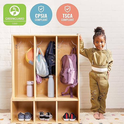 ECR4Kids Streamline 3-Section Toddler Coat Locker with Bench, Kids Furniture, Natural