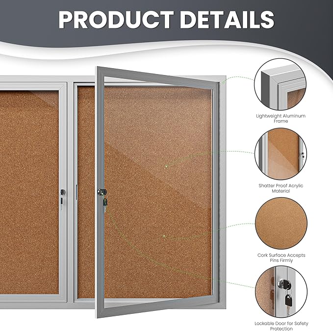48"x36" Lockable Enclosed Bulletin Board, Outdoor Cork Weather-Resistant Aluminum Frame Notice Board, Wall Mounted Display Case Acrylic Doors for School,Office,Silver Frame w/Cork