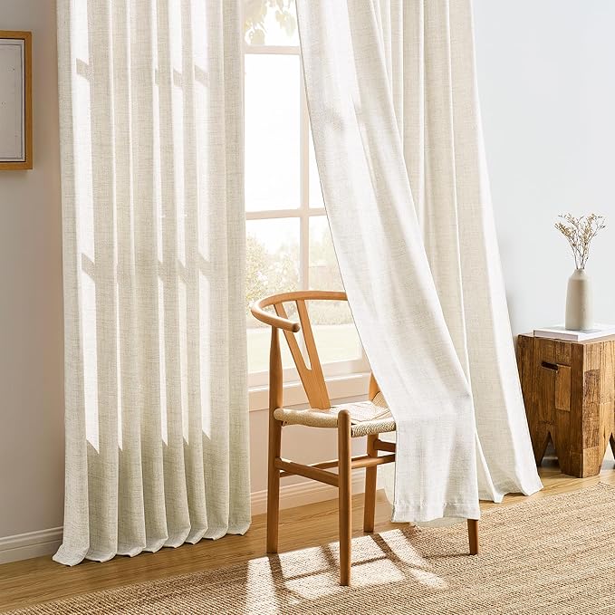 RAIN CITY 86 Inch Curtains Natural Cream, Memory Trained Linen Blend Slub Yarn Semi Sheer Light Filtering Window Curtain Panels 50x86 2 Panels