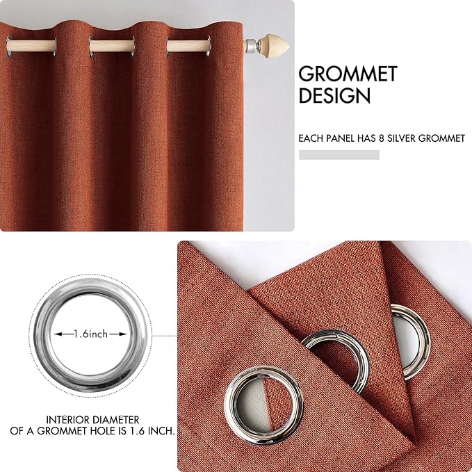 MIULEE Linen Curtains for Bedroom 100% Blackout Thermal Insulated Burnt Orange Grommet Room Darkening Curtains & Drapes Rust Terracotta Fall Decor for Living Room Nursery 52 x 45 Inch (2 Panels)