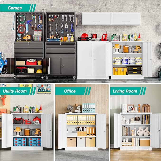 SISESOL 36 inch Storage Cabinet with Doors and Shelves,White Metal Storage Cabinet,Small Locking Metal Cabinets,Short Steel Counter Cabinets with Lock for Garage Home Office Pantry