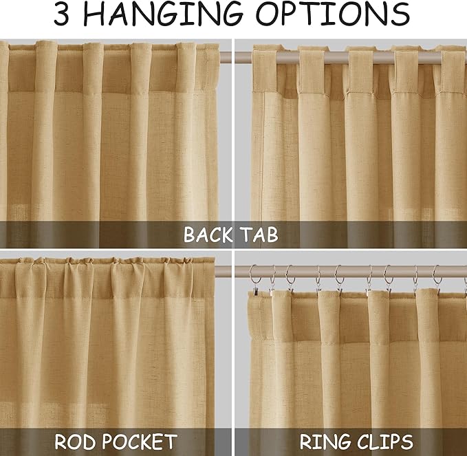 Extra Long Gold Yellow Linen Curtains 120 Inch for Living Room 2 Panels Set Rod Pocket Back Tab Linen Window Drapes Semi Sheer Light Filtering Privacy High Ceiling Drapes for Farmhouse 52x120