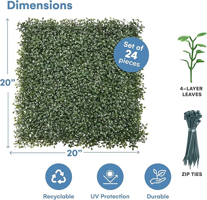 Grass Wall Panels 20″ × 20″ (24 Pack) – UV-Protected Artificial Boxwood Hedge Greenery Backdrop Covers 66 sq ft, Indoor/Outdoor Privacy Fence Screen, Zip Ties & Spare Leaves Included