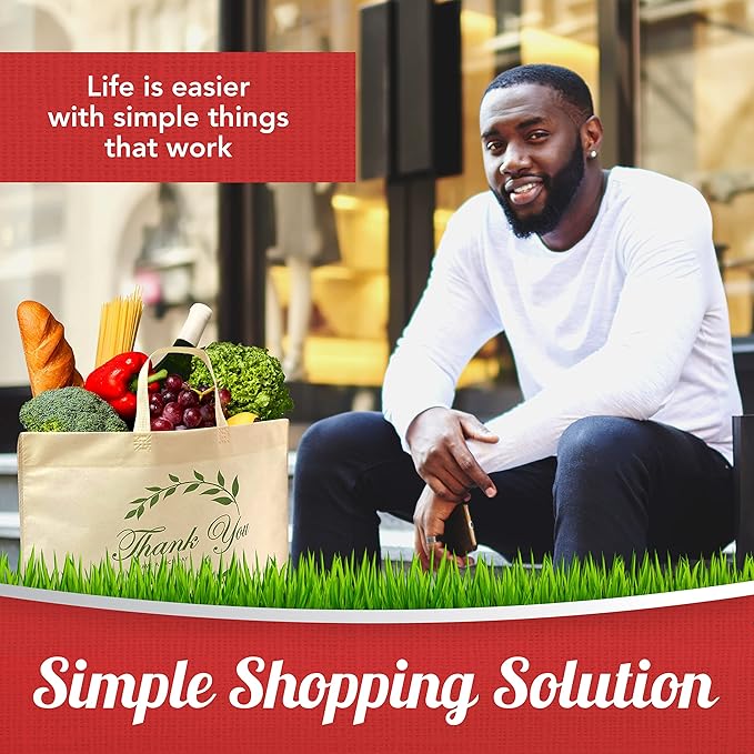 Simply Cool 50 Pack Reusable 'Thank You' Eco-Friendly Grocery Shopping Bags 19.6" x 16.1" x 7" 60 gsm Durable, Recyclable, Washable, Foldable, Portable Tote Bags Bulk (Cream, Loop Handle)