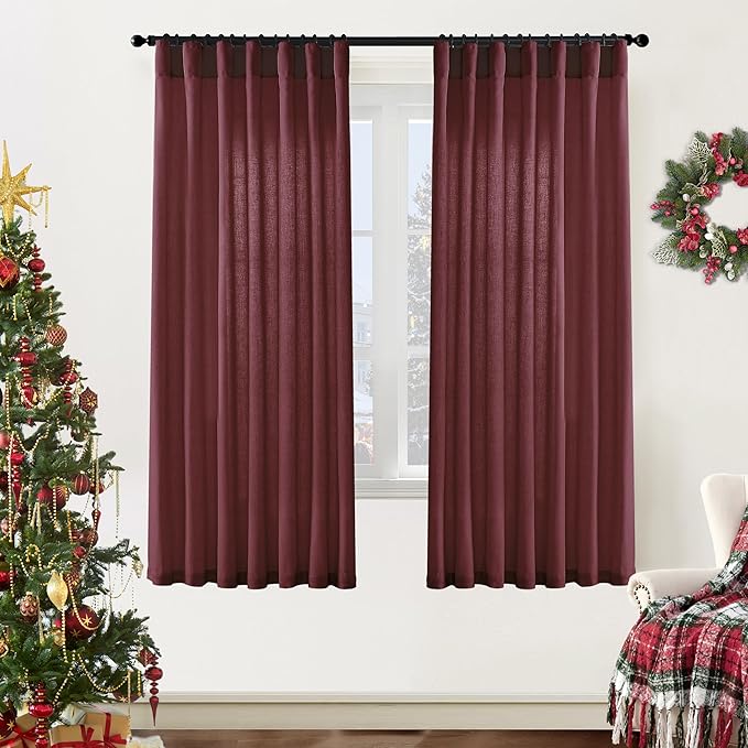 XTMYI Dark Red Burgundy Curtains 63 Inch Length for Dining Room Kitchen Window,2 Panels Light Filtering Semi Privacy Linen Sheer Curtain for Bedroom