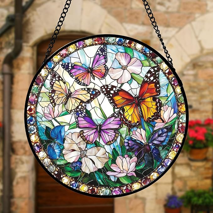 Stained Glass Window Hanging, Colorful Butterfly Suncatcher for Doors Home Sun Catchers Decoration and Christmas, Mother's Day Birthday Gifts for Women, Men, and Mom 7.8 in