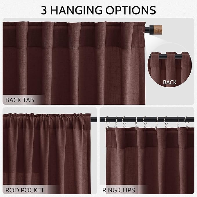 Reddish Brown Linen Curtains 72 Inch Long for Living Room Bedroom Lightweight Door Drapes 2 Panels Set, Semi Sheer Light Filtering Back Tab or Rod Pocket Curtain,52x72