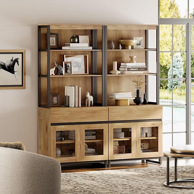 WAMPAT 2 PCS Modern 72" Tall Bookcase with 2 Drawers and Open Book Shelfs, Library Book Shelf with Storage Cabinet and Glass Doors, Wood Freestanding Bookshelves for Home Office, Living Room, Oak