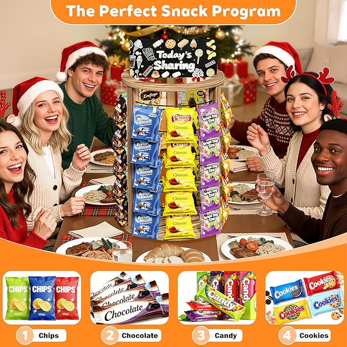 5 Tier 50 Clips 360°Rotating Snack Organizer, Wooden Chip Rack Display Stand - Chip Bag Holder Candy Display with Message Board for Countertop Home Office Party Retail Concession Stand
