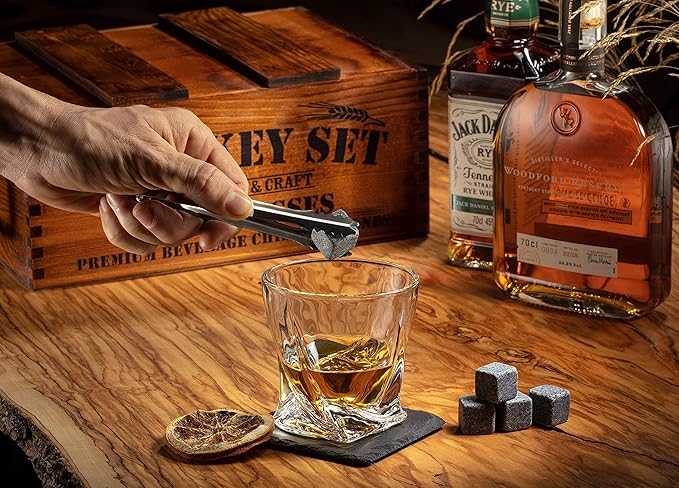 Mixology & Craft Premium Whiskey Set | Two 10oz Cystal Old-Fashioned Glasses, 8 Granite Chilling Stones, Metal Tongs, Recipe Cards in Rustic Wooden Crate Gift Set | Jameson Whiskey