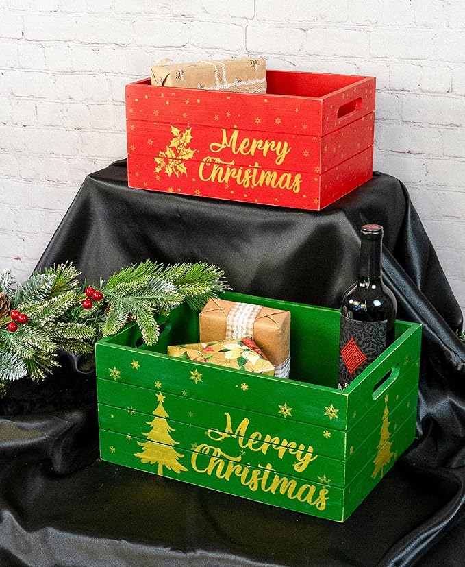 Red Co. Set of 2 Red and Green Decorative Nesting Wooden Merry Christmas Storage Crate Organizers with Golden Lettering