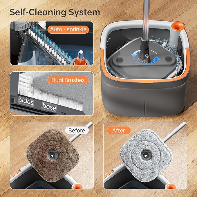 KZKR Spin Mop and Bucket Set with 6 Replaceable Microfiber Mop Pads with Self Separation Dirty and Clean Water System, Self Wringing 360° Rotating Square Mop Head for Hardwood Tile Marble Floors