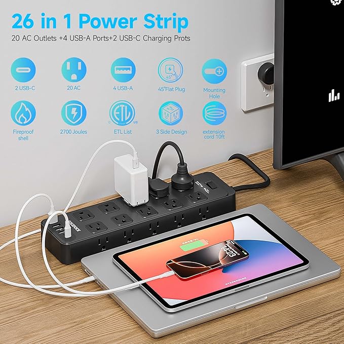 Power Strip Surge Protector Flat Plug with 20 AC Outlets 6 USB Chagring Ports, 1875W/15A, 2700J, 10 Ft Heavy Duty Extension Cord for Home, Office, Dorm, Gaming,ETL Listed (Black, 10 Feet)