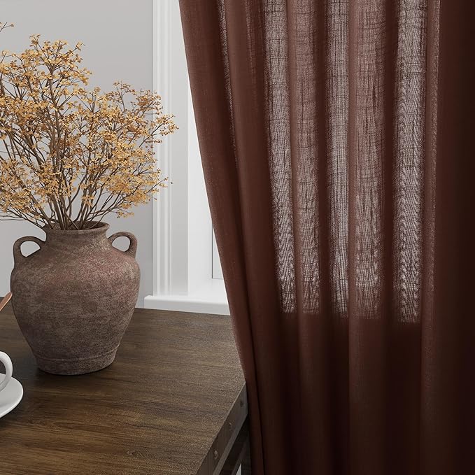 Linen Curtains Semi Sheer Rustic Brown 96 Inches Long 2 Panels Set for Living Room Back Tab Rod Pocket Light Filtering Drape for Bedroom Modern Farmhouse Coastal Decor Protect Privacy 52x96