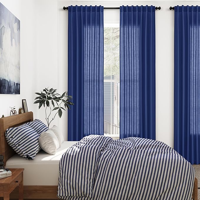Linen Curtains Semi Sheer Classic Blue 96 Inches Long 2 Panels Set for Living Room Back Tab Rod Pocket Light Filtering Drape for Bedroom Modern Farmhouse Coastal Decor Protect Privacy 52x96